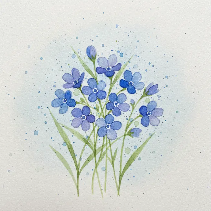 A miniature cluster of small blue wildflower petals and buds painted with a fine detail brush.