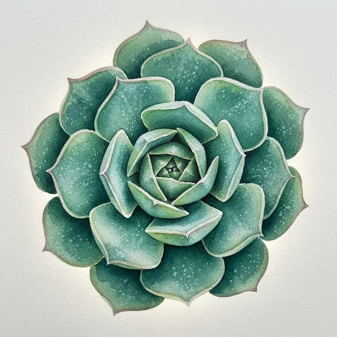 A symmetrical rosette of plump, green succulent leaves viewed from above, painted in watercolor.