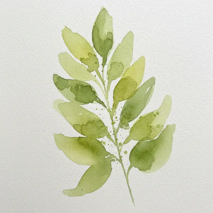 A loose, abstract sprig of green foliage created with flowing wet-on-wet watercolor techniques.