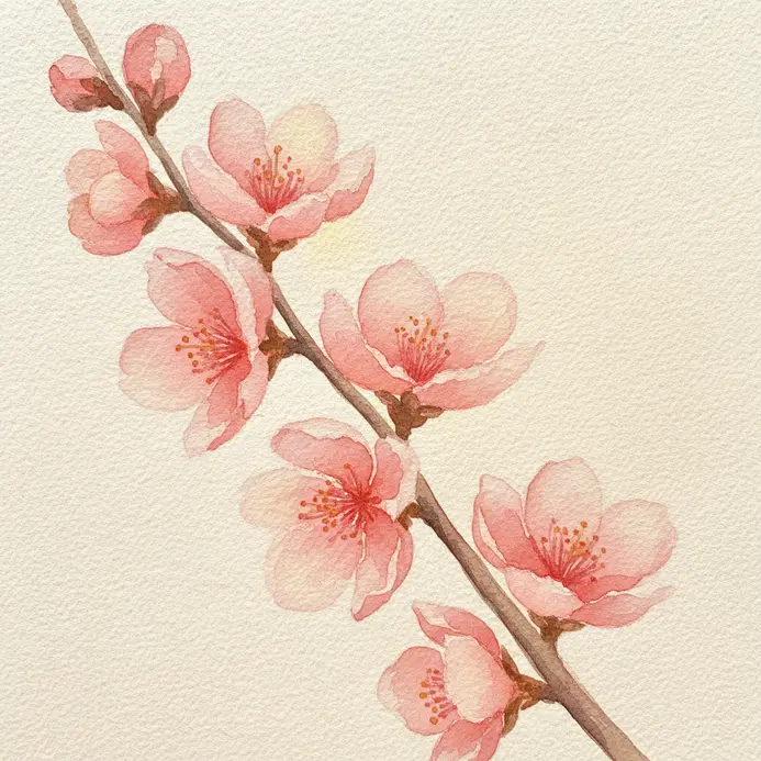 A simple study of a peach blossom with layered pink petals and a light center in watercolor.
