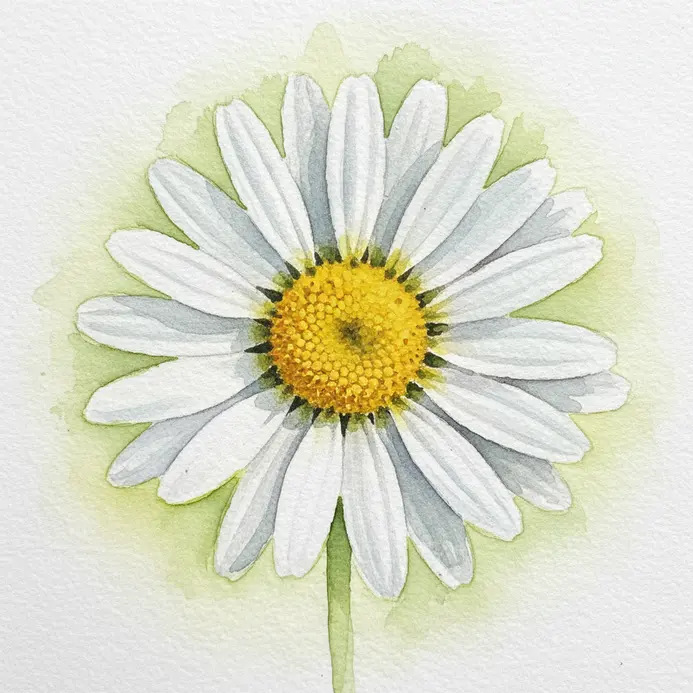 A close-up, macro view of a white daisy with a detailed yellow center, painted in watercolor.