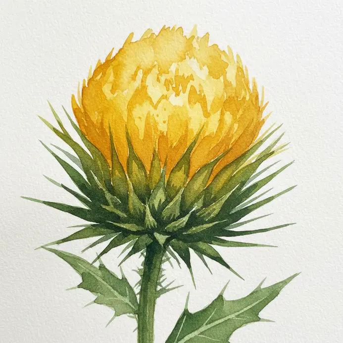 The round, spiky head of a golden thistle flower with intricate details painted in watercolor.