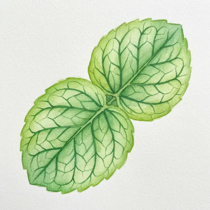 A pair of rounded, green mint leaves with clearly defined veins, sketched lightly in watercolor.