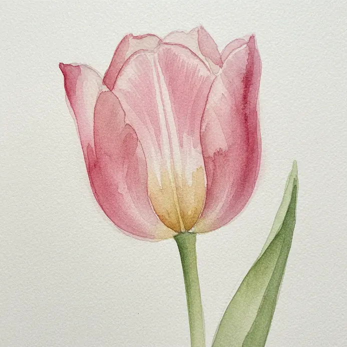 A single tulip flower on a long stem painted with a very light and translucent watercolor wash.