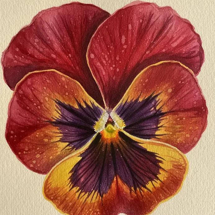 A detailed study of the dark pattern and velvety texture on a red pansy flower petal in watercolor.