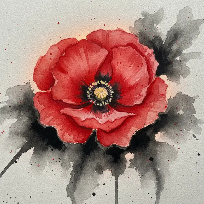 A vibrant red poppy flower with a dark center, painted with rich, layered watercolor pigments.