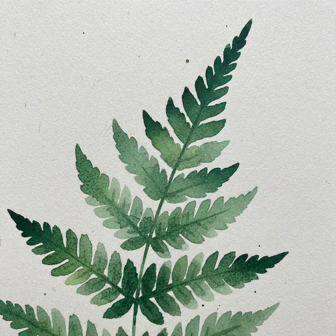 A delicate fern frond with three leaflets, painted using a gradient of light to dark green watercolor.