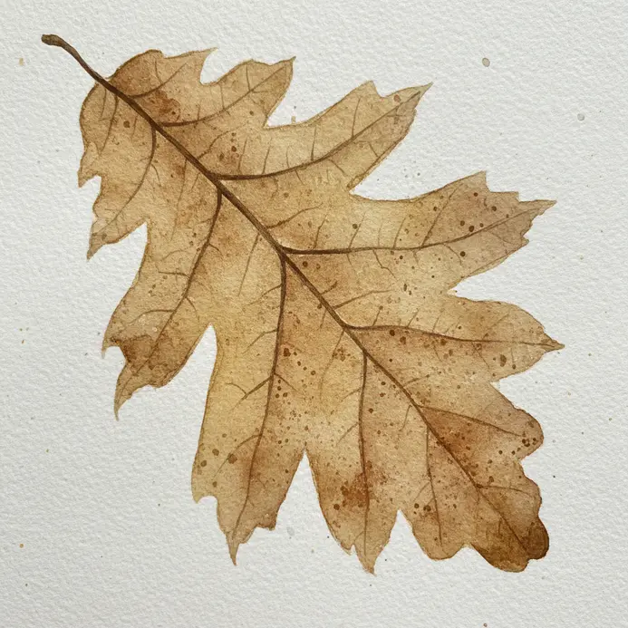 A detailed, textured painting of a brown, curled oak leaf using dry brush watercolor methods.