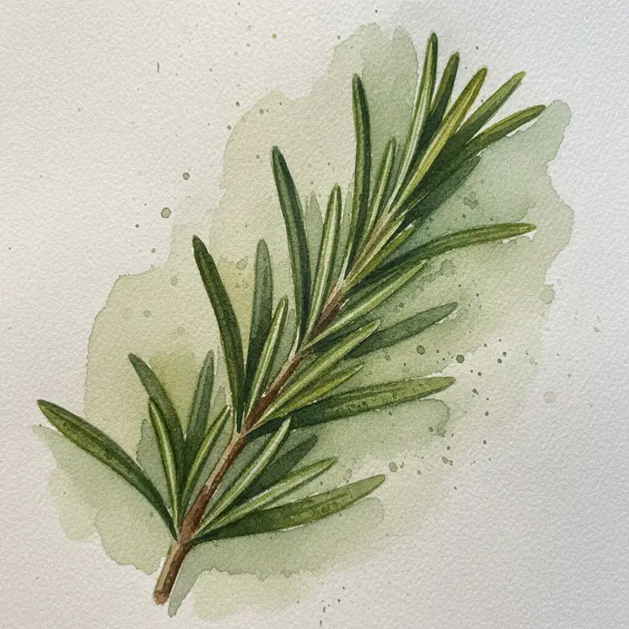 A small sprig of rosemary with tiny, needle-like green leaves on a woody stem in watercolor.