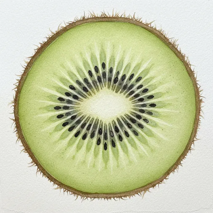 A slice of kiwi fruit in watercolor, showing the light green flesh, dark seeds, and fuzzy brown skin edge.