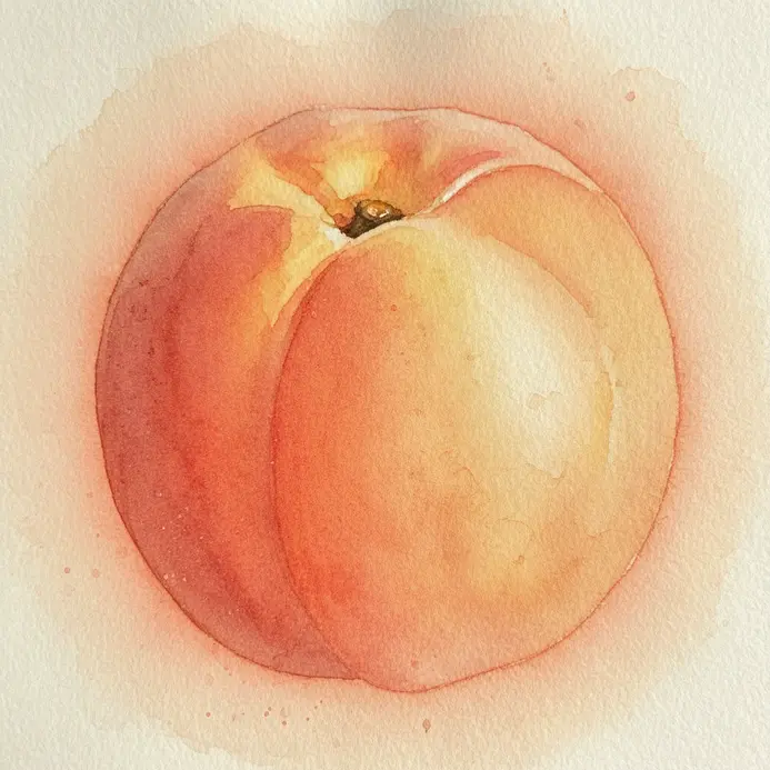 A peach painted in watercolor with a soft, blended gradient of orange and yellow to suggest its fuzzy skin.