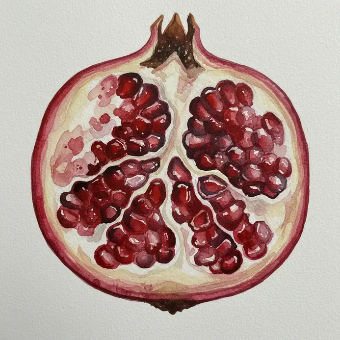 A pomegranate cut open to reveal its interior, with red jewel-like seeds and white membrane painted in watercolor.