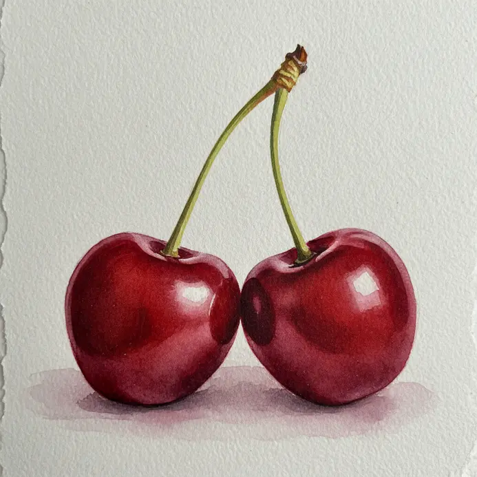 A pair of deep red cherries with slender green stems, painted in watercolor with a fine brush for detail.