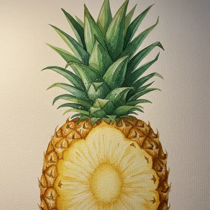A pineapple painted in watercolor, focusing on the diamond pattern of its skin and the spiky green crown.