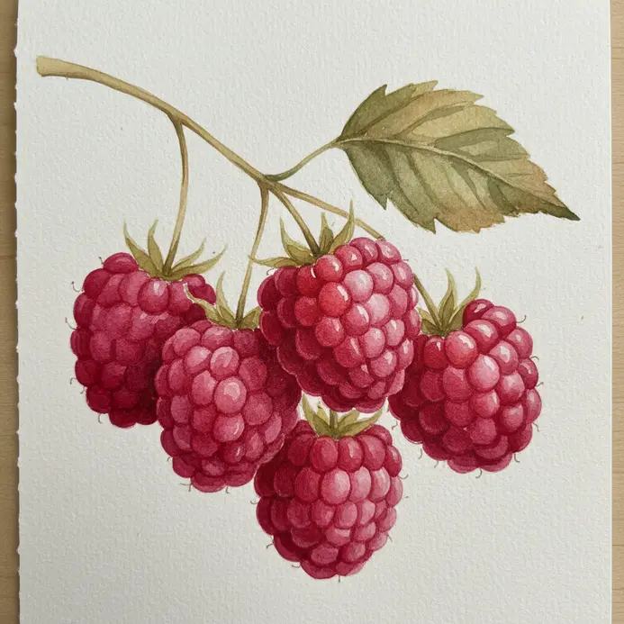 A small cluster of raspberries painted in watercolor, with a single green leaf attached to the stem.