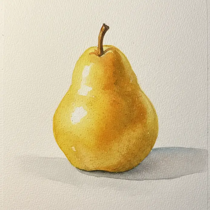 A golden yellow pear painted in watercolor with a light gray shadow anchoring it to the surface.