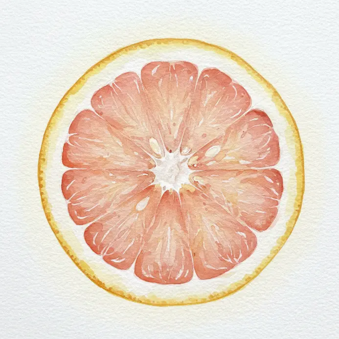 A grapefruit cut in half, showing its pale pink pulp and segmented interior, painted with light watercolor washes.