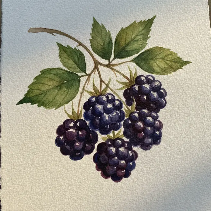 A sprig of blackberries painted with deep purple watercolor, accompanied by small green leaves on a thin stem.