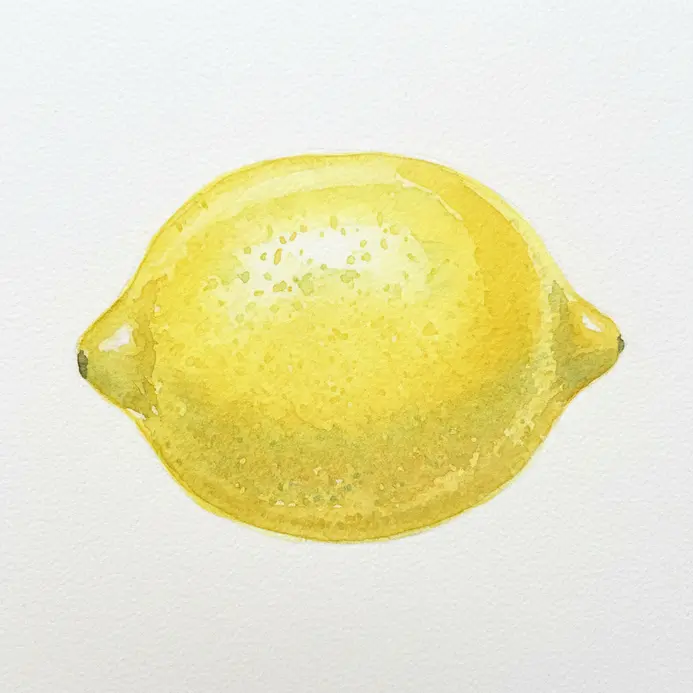 A bright yellow lemon painted in watercolor, focusing on its oval shape and textured peel.