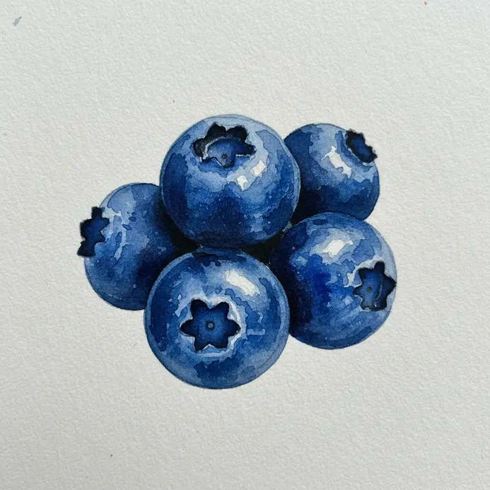 A cluster of deep blue blueberries painted in watercolor, with highlights left as white paper.