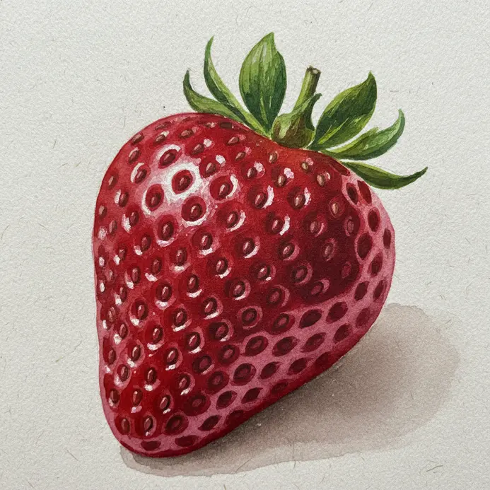 A single red strawberry with a detailed green leafy cap, painted with a small round watercolor brush.