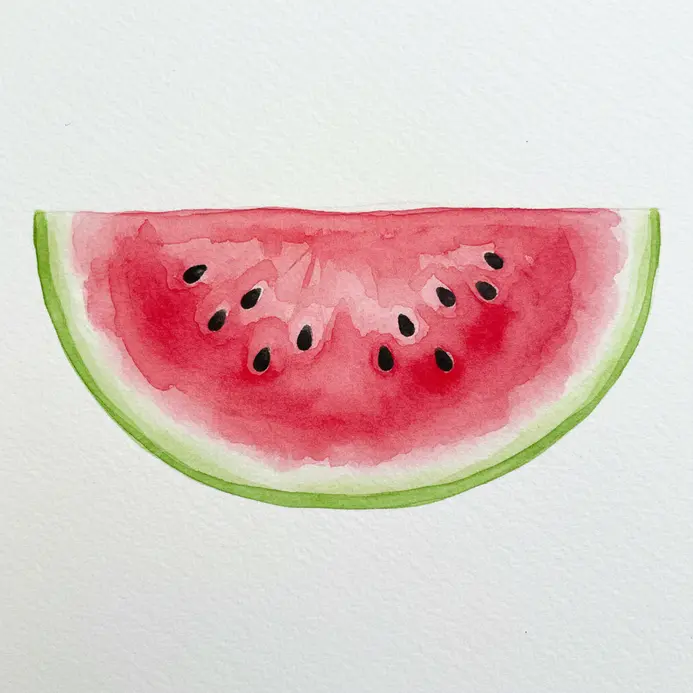A wedge of watermelon painted in watercolor with bright pink flesh, green rind, and scattered black seeds.