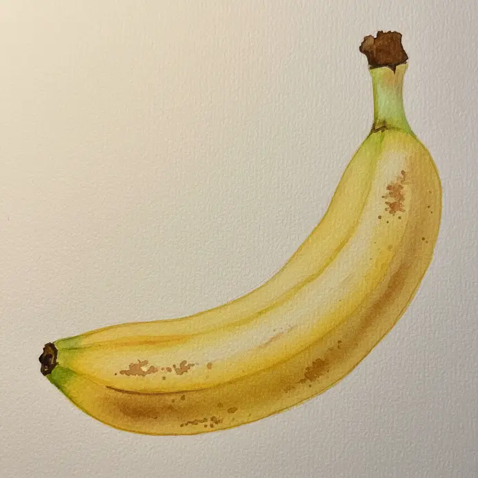 A curved yellow banana painted in watercolor with subtle brown spots and a dark tip.