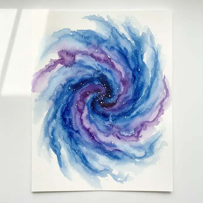 A classic watercolor galaxy painting featuring swirling shades of ultramarine blue and dioxazine purple.