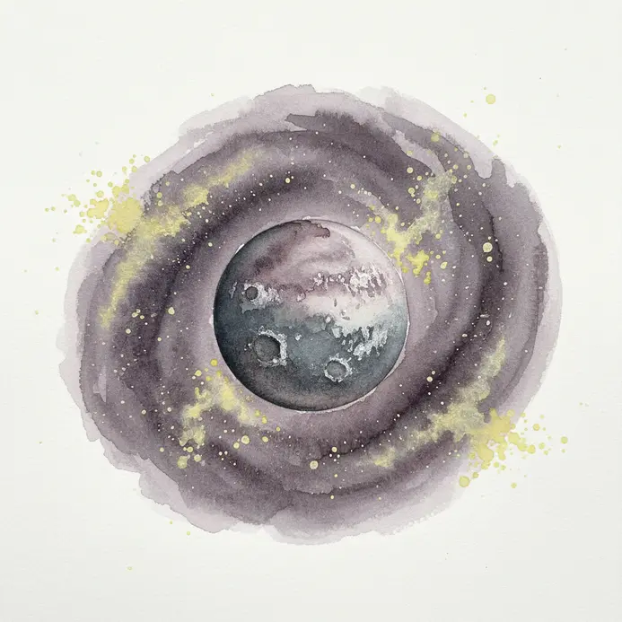 A close-up watercolor painting of a planet's cratered surface set against a starry galaxy.