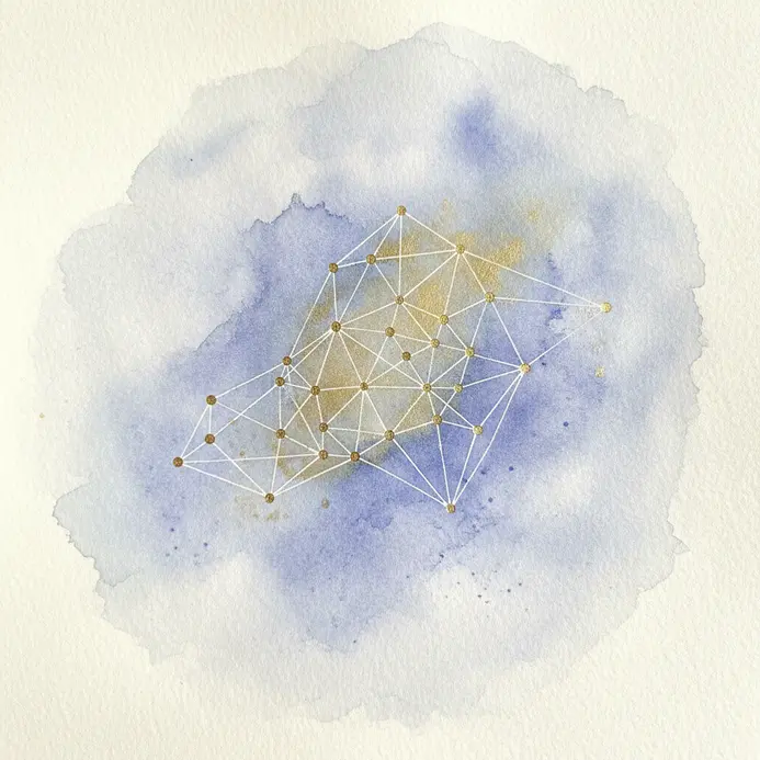 A minimalist watercolor galaxy with subtle color washes and fine white constellation connectors.