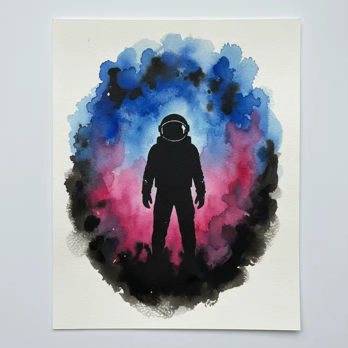 A small astronaut silhouette floating in the vast expanse of a colorful watercolor galaxy.