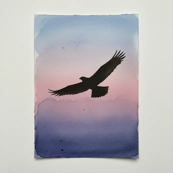 A single bird in flight silhouette set against a dreamy watercolor galaxy sky.