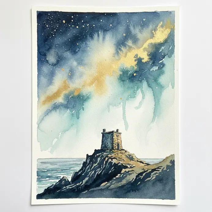 A watercolor scene of a distant lighthouse silhouette on a cliff under a swirling galaxy.