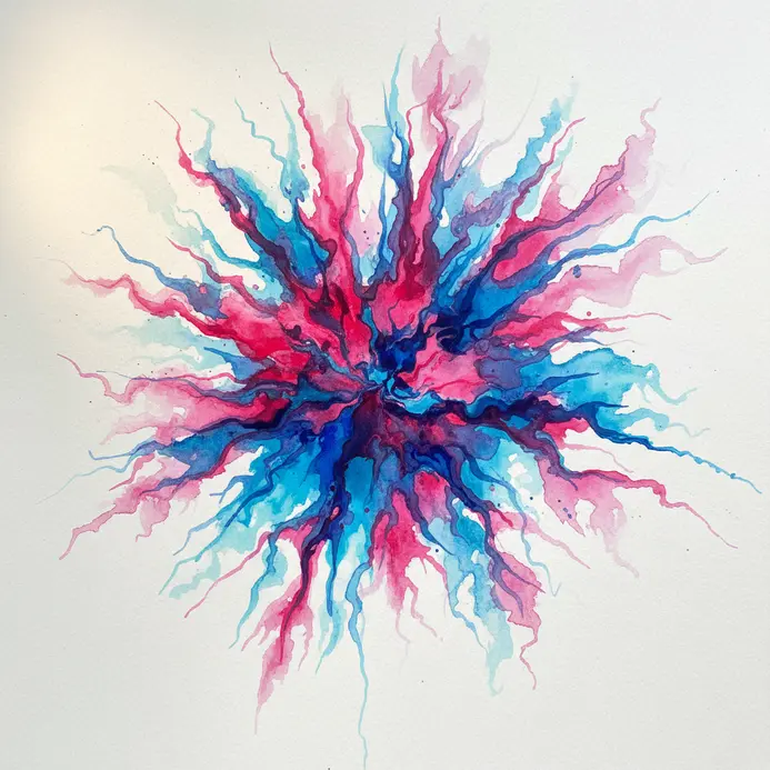 A bright watercolor nebula scene with magenta and cyan pigments diffusing into a dark background.