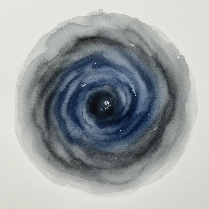 A dark watercolor galaxy painting focused on a rich indigo core fading to black.