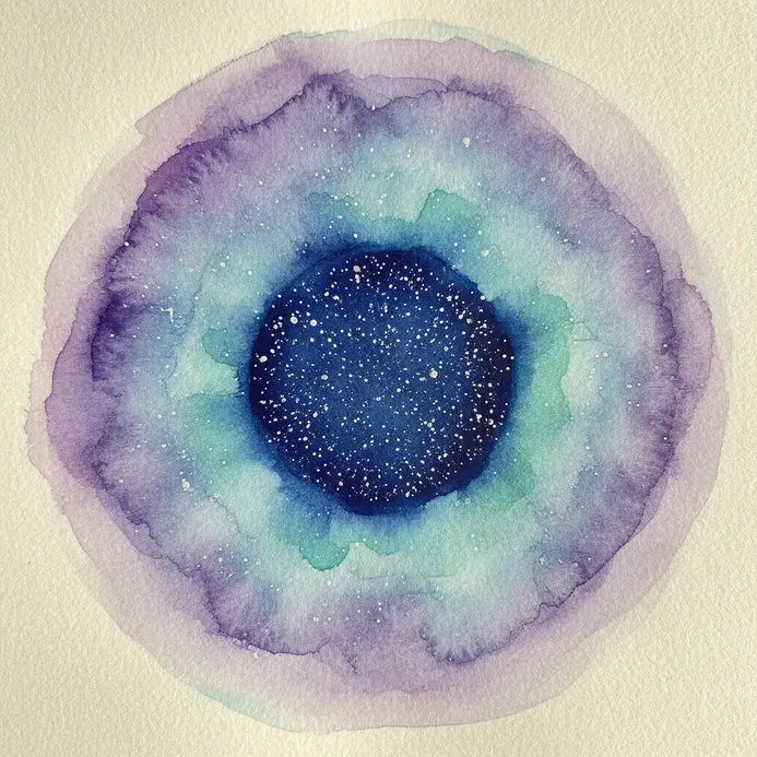 A circular watercolor galaxy resembling a hole in the night sky, with colors bleeding outward.