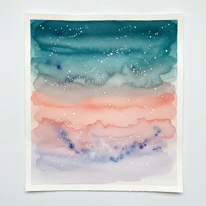 A horizontal watercolor galaxy painting made with layered gradient stripes of color.