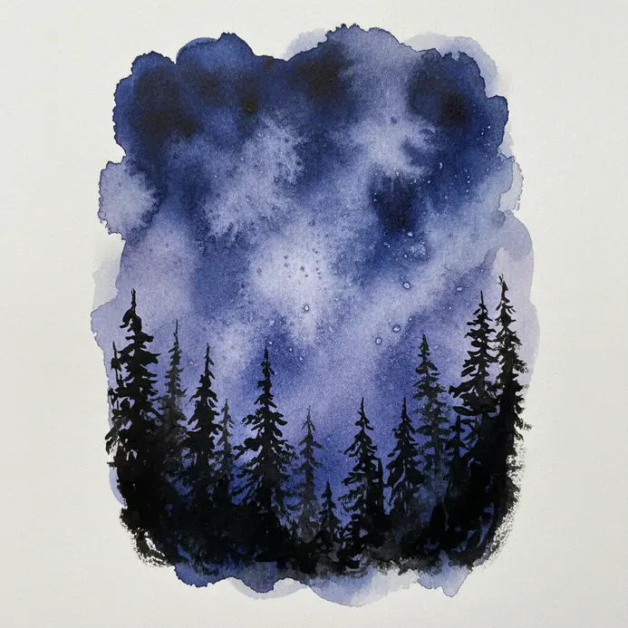 A watercolor galaxy backdrop with a detailed black silhouette of pine trees in the foreground.