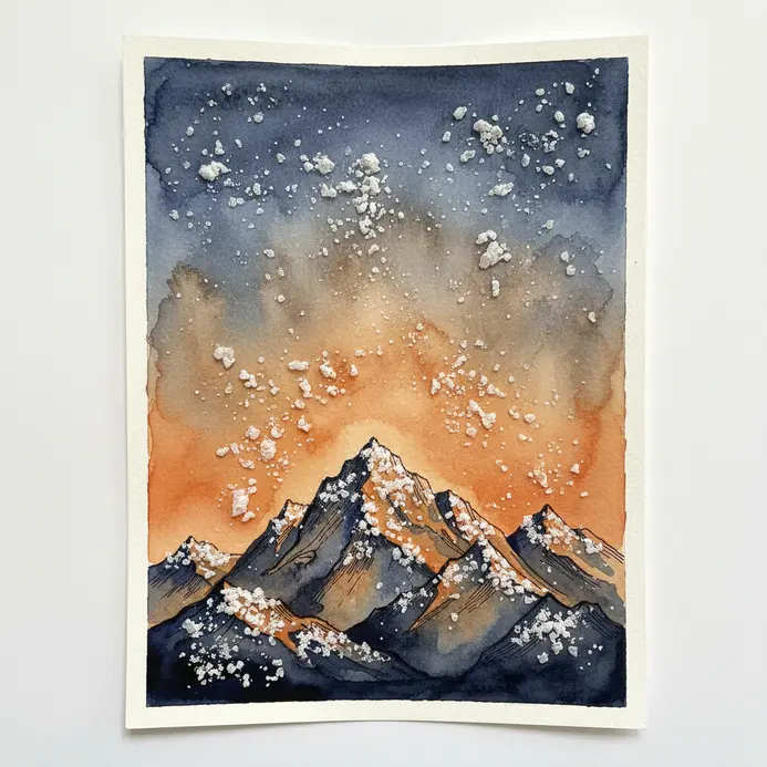 A jagged mountain range silhouette set against a blended watercolor galaxy sky.