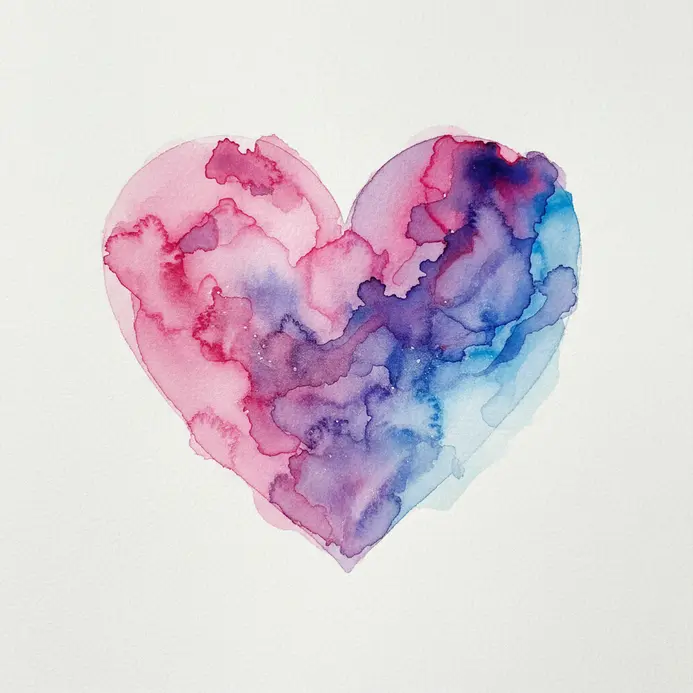 A heart shape filled with a swirling watercolor galaxy of pinks, purples, and blues.