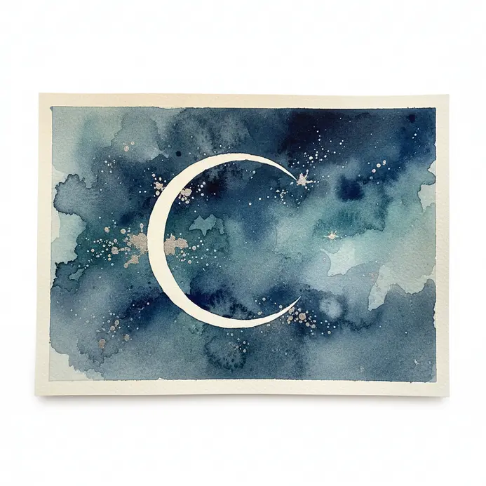 A slender crescent moon silhouette over a vibrant watercolor galaxy background.