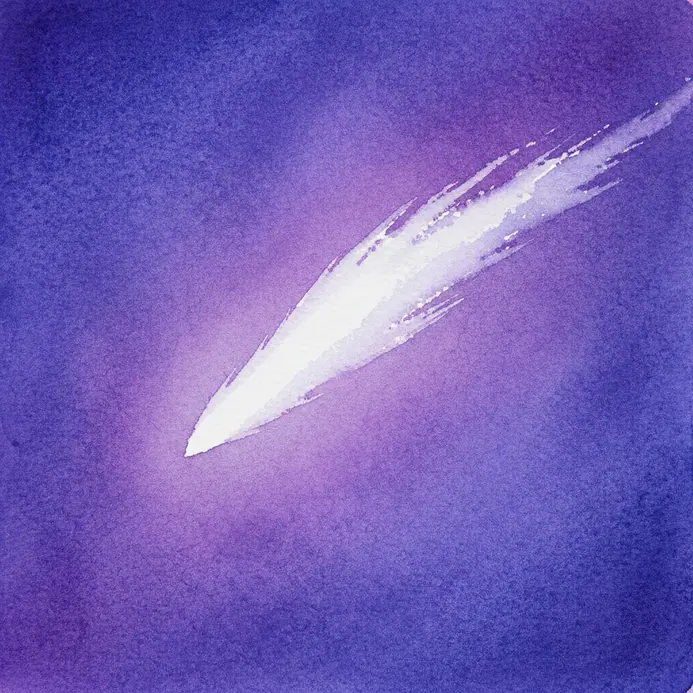 A streak of white paint representing a comet across a purple watercolor night sky.