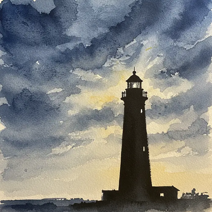 A black lighthouse silhouette standing before a moody, stormy blue watercolor sky.