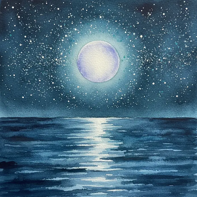 A watercolor painting of a moon and stars reflected in softly rippling water.