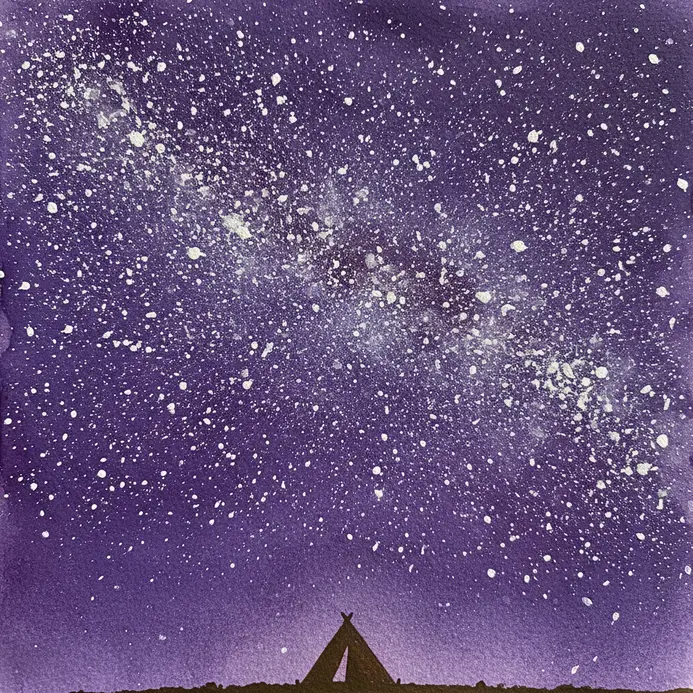A small, simple tent silhouette under a densely starry watercolor Milky Way.