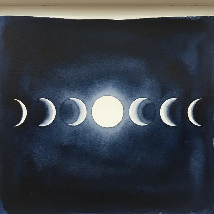 A series of symmetrical moon phases painted in white on a dark blue watercolor sky.