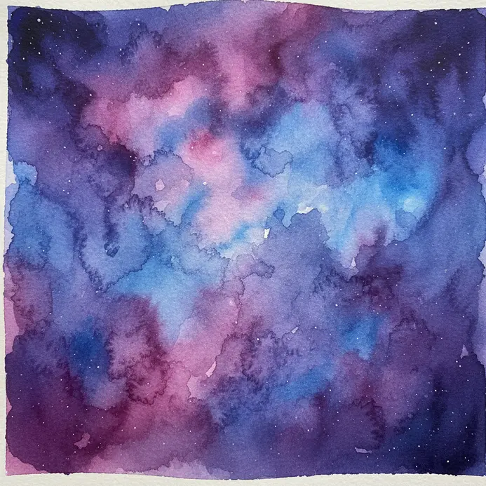 Swirling purple and blue watercolor washes mimicking a galaxy nebula in space.