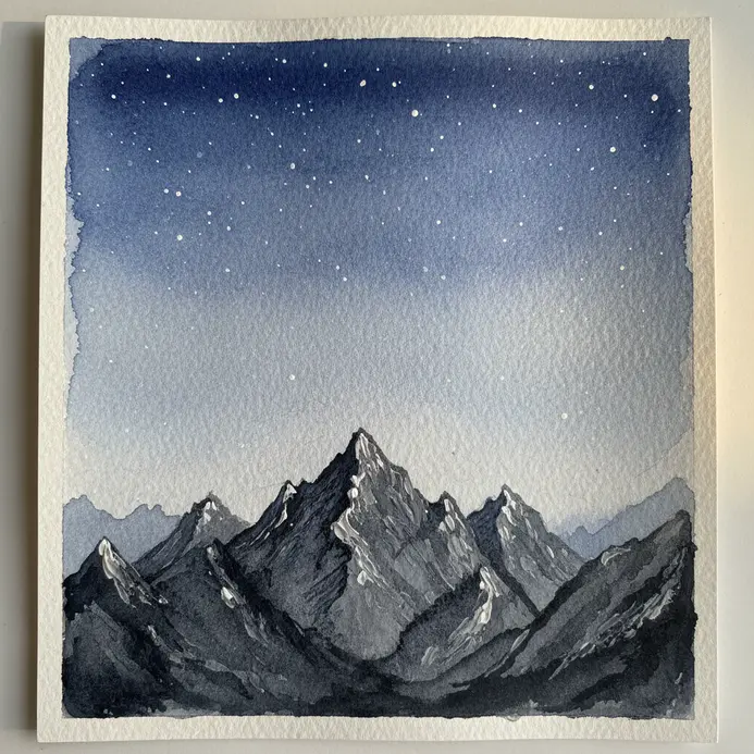 Dark, jagged mountain silhouettes against a starry deep blue watercolor sky.