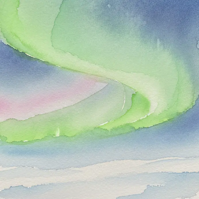 Green and pink translucent watercolor washes depicting the northern lights over snow.