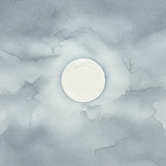 A bright white full moon shining through translucent gray watercolor cloud washes.